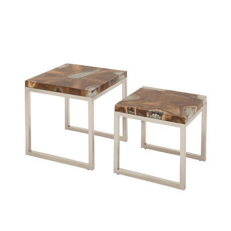 Stainless Steel Teak Nest Tables // Set of 2