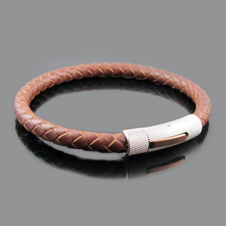 Leather Stainless Steel Textured Clasp Bracelet