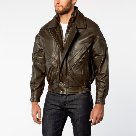 Classic Double-Collared Leather Bomber Jacket // Brown