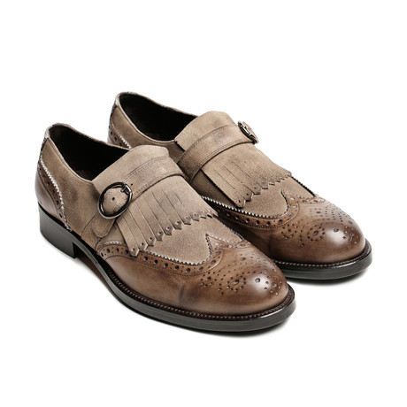Suede Wing Cap Monk Strap Brogue // Taupe