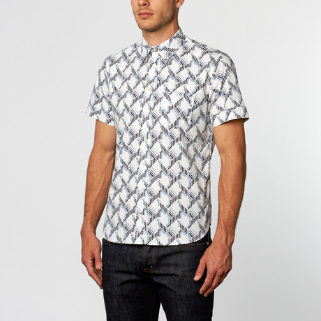 Dizzy Geometric Abstract Short-Sleeve Shirt // White + Blue