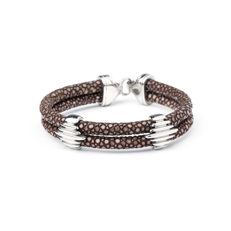 Stingray Leather Bracelet // Silver + Brown