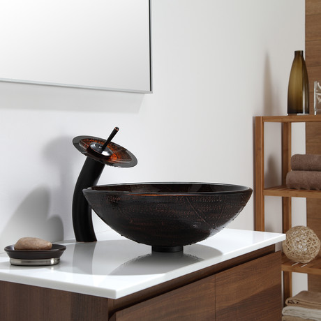 Copper Illusion Glass Vessel Sink + Waterfall Faucet