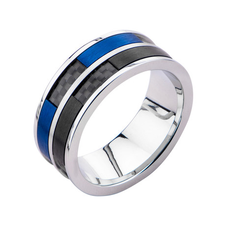 Stainless Steel Carbon Fiber Checker Inlay Ring // Blue + Black