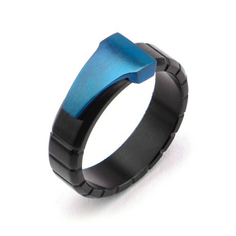 Stainless Steel Triangle Groove Line Ring // Blue + Black