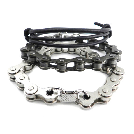 AMiGAZ // Leather + Bike Chain Bracelet // Chrome + Brown + Black // Set of 3