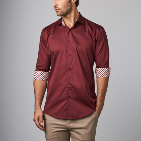 Plaid Placket Button-Up Shirt // Burgundy