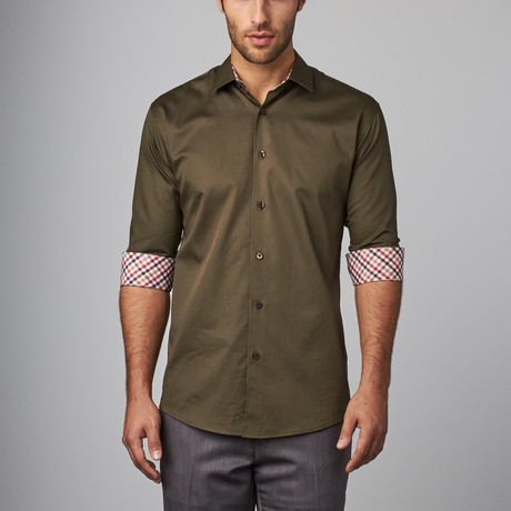 Plaid Placket Button-Up Shirt // Brown