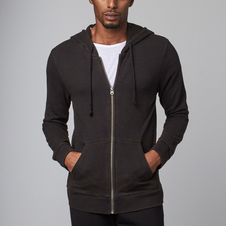 Stone Washed Modal French Terry Zip-Up Hoodie // Black