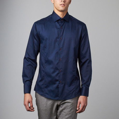 Long-Sleeve Button-Up Sateen Shirt // Navy