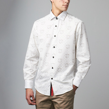 Bespoke Moda // Long Sleeve Button Down Jacquard Shirt // White Floral Dot