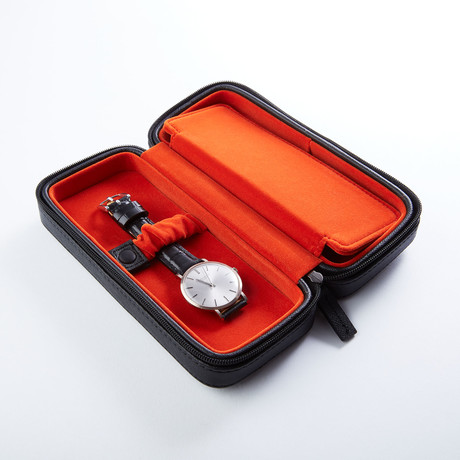 Saffiano Leather Watch Box // Black + Orange Suede