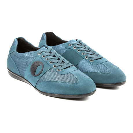 Mixed Texture Strip Lace-Up Sneaker // Blue + Antique Nickel