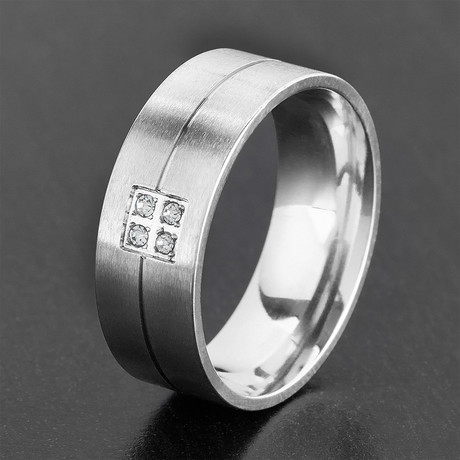 Crystal Grooved Comfort Fit Ring // Satin Stainless Steel