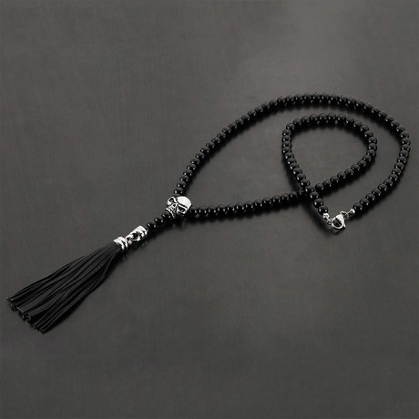 Skull Tassel Drop Necklace // Black Onyx + Stainless Steel
