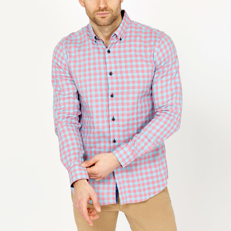 Ethan Gingham Button-Down Shirt // Light Blue + Pink