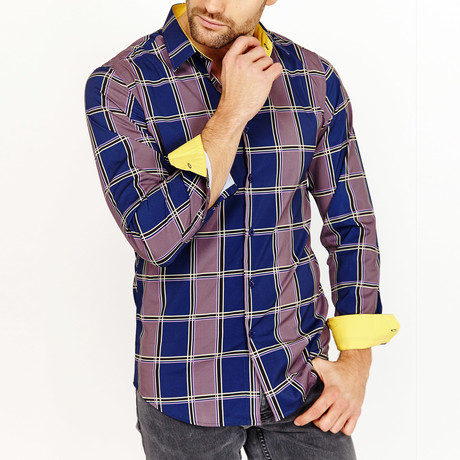 Cross Print Side Button-Up Shirt // Blue + Gray + Yellow