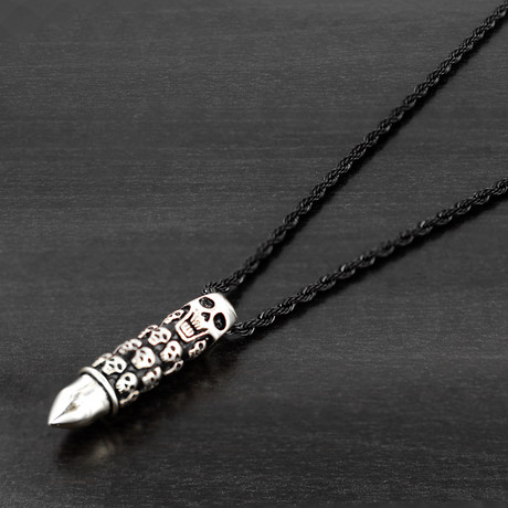 Skull Capsule Bullet Pendant Necklace // Silver + Black Stainless Steel