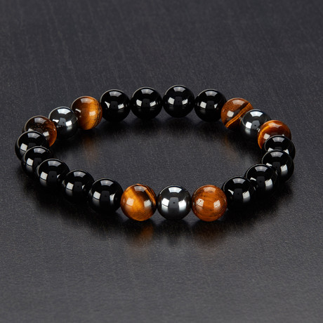 Tiger Eye + Onyx + Hematite Polished Bead Stretch Bracelet