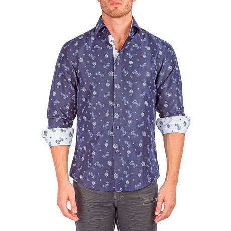 Long-Sleeve Button-Up Paisley Floral Shirt // Navy