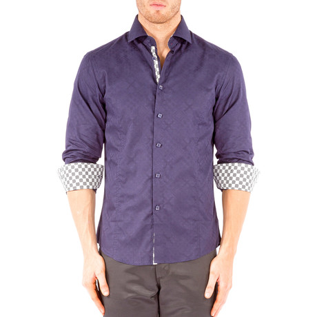 Long-Sleeve Button-Down Jacquard Shirt // Navy