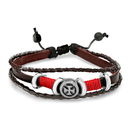 Cross Accent Rope Leather Bracelet // Brown + Red