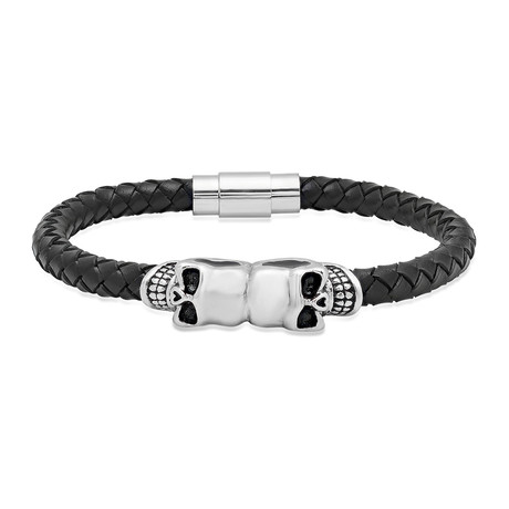 Double Skull Leather Bracelet // Black + Silver