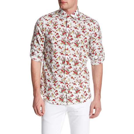 Floral Sprigs Roll Up Linen Shirt // Red