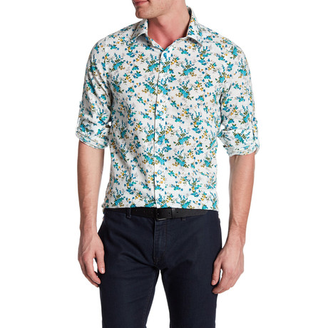 Floral Sprigs Roll Up Linen Shirt // Turquoise