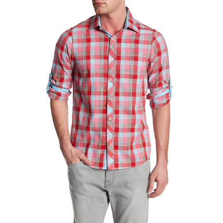 Multicolor Check Roll Up Linen Shirt // Red