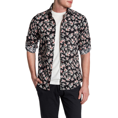 Floral and Fern Roll Up Linen Shirt // Black