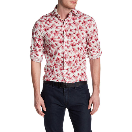 Floral and Fern Roll Up Linen Shirt // Red
