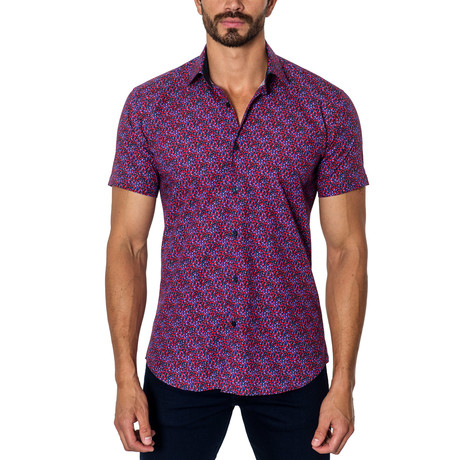 Short-Sleeve Woven Button-Up // Red + Purple