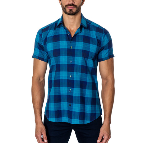 Short-Sleeve Woven Button-Up // Turquoise + Navy