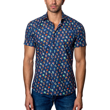 Skull Short-Sleeve Woven Button-Up // Navy