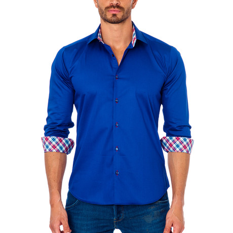 Square Plaid Placket Button-Up Shirt // Medium Blue
