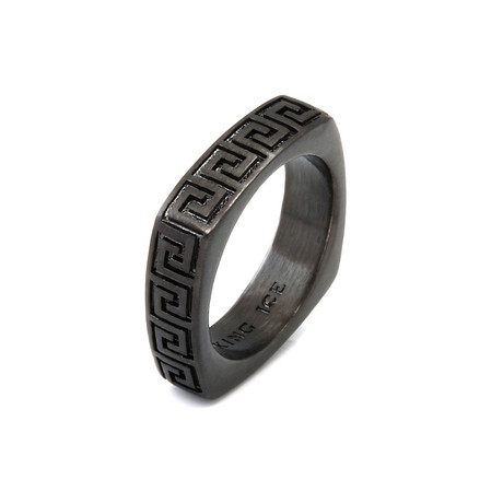 Rhodium Greek Key Ring // Black