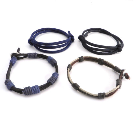 AMiGAZ // Paracord Slider + Leather Bracelet // Blue + Black + Brown + Tan // Set of 4