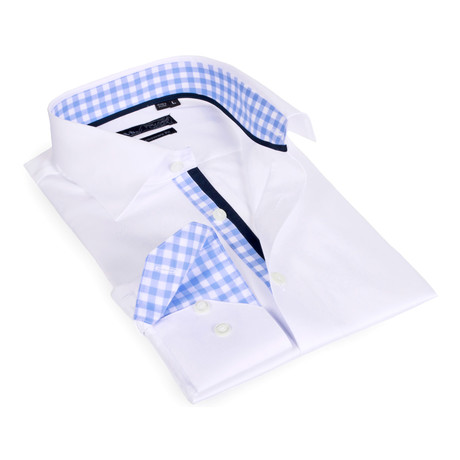 Gingham Collar Solid Button-Up // White + Light Blue