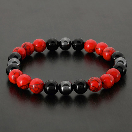 Tri-Color Beaded Hematite Bracelet // Red + Black + Grey