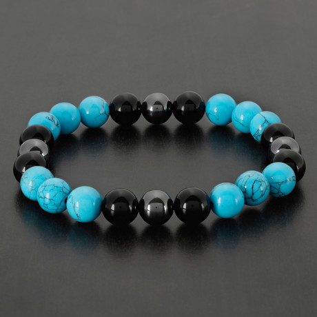 Tri-Color Turquoise + Onyx + Hematite Beaded Bracelet // Turquoise + Black + Grey