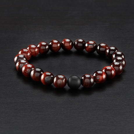 Polished Tiger Eye + Matte Onyx Beaded Bracelet // Black + Red + Brown