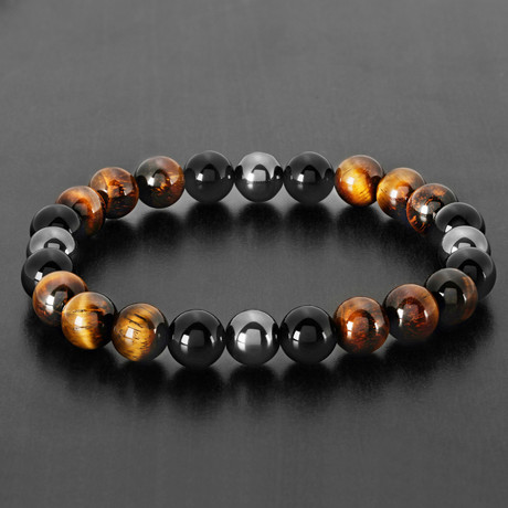 Tri-Color Tiger Eye + Onyx + Hematite Beaded Bracelet // Brown + Black + Grey