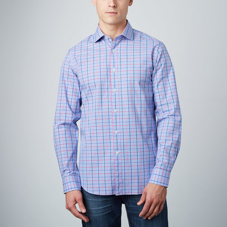 Spread Collar Button-Up Shirt // Blue + Pink