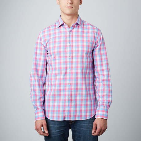 Spread Collar Button-Up Shirt // Light Blue + Pink
