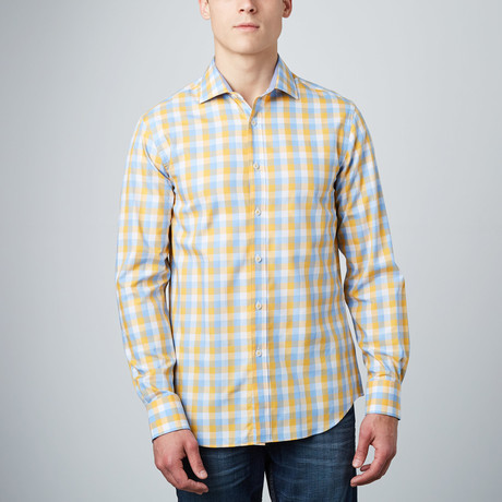 Spread Collar Button-Up Shirt // Light Blue + Yellow
