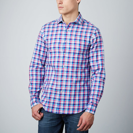 Spread Collar Button-Up Shirt // Light Blue + Navy + Pink