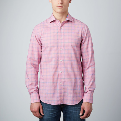 Spread Collar Button-Up Shirt // Pale Red + Blue