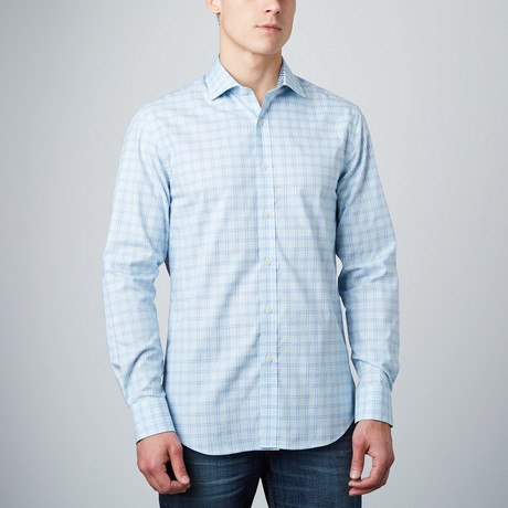 Spread Collar Button-Up Shirt // Aqua + Light Blue