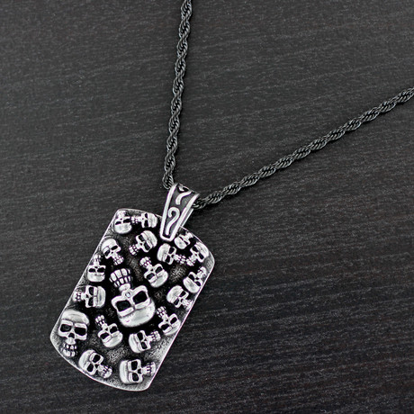 Skulls Inlay Dog Tag Pendant Necklace // Stainless Steel